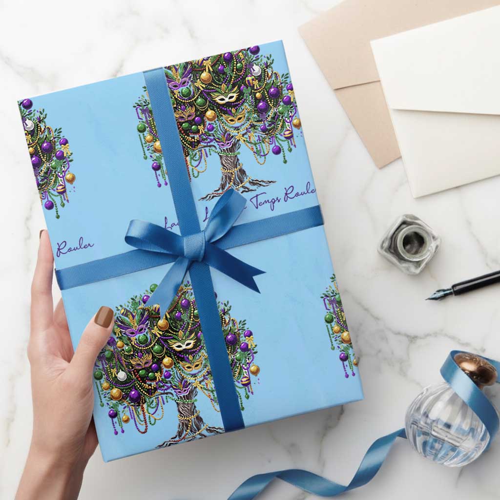 Mardi Gras Mask Tree Wrapping Paper Roll Laissez Les Bon Temps Rouler TS14 Light Blue Print Your Wear