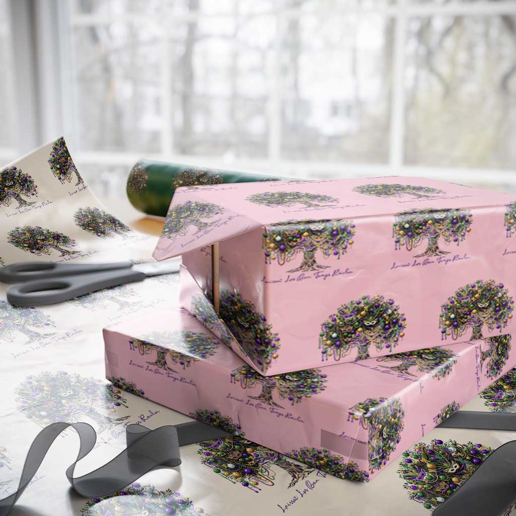 Mardi Gras Mask Tree Wrapping Paper Roll Laissez Les Bon Temps Rouler TS14 Light Pink Print Your Wear
