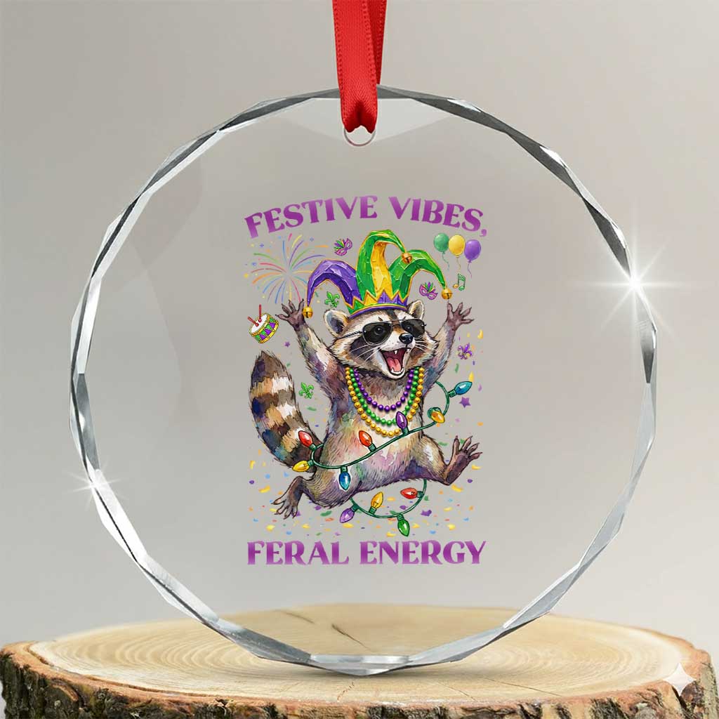 Mardi Gras Raccoon Crystal Glass Ornament Festive Vibes Feral Energy TS14 Transparent Glass 3'' Circle Print Your Wear