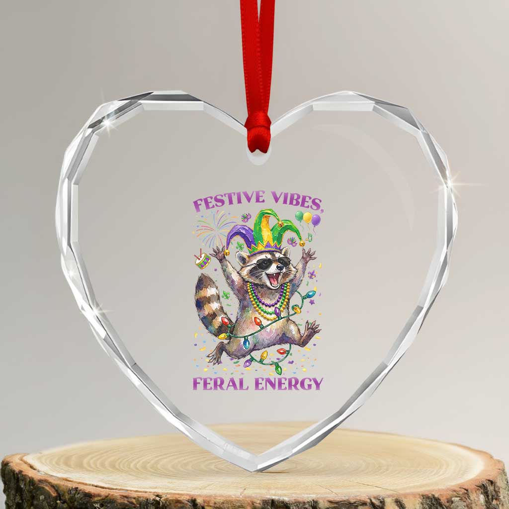 Mardi Gras Raccoon Heart Crystal Glass Ornament Festive Vibes Feral Energy TS14 Transparent Glass 3'' Heart Print Your Wear