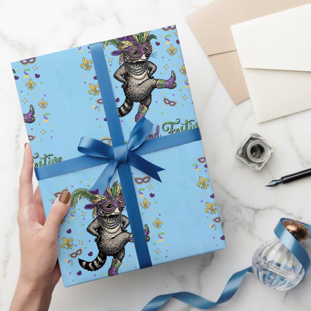 Mardi Gras Raccoon Wrapping Paper Roll Feral And Festive TS14 Light Blue Print Your Wear