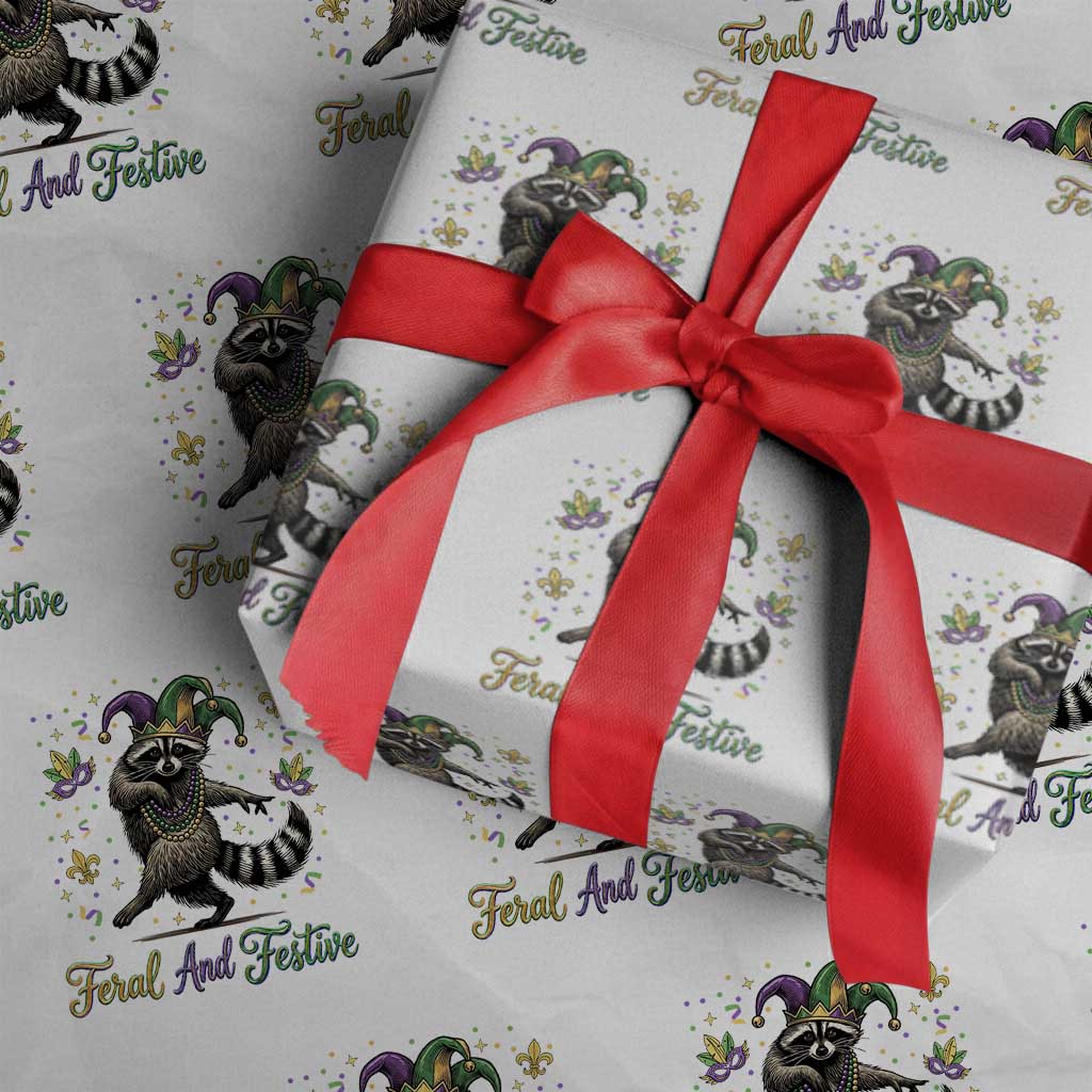 Mardi Gras Raccoon Wrapping Paper Roll Feral And Festive Trased Panda TS14 White Print Your Wear