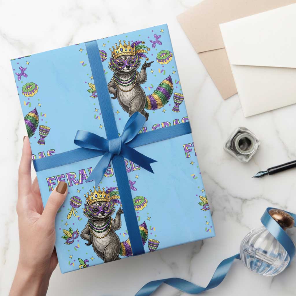 Mardi Gras Raccoon Wrapping Paper Roll Feral Girl Mardi Gras TS14 Light Blue Print Your Wear