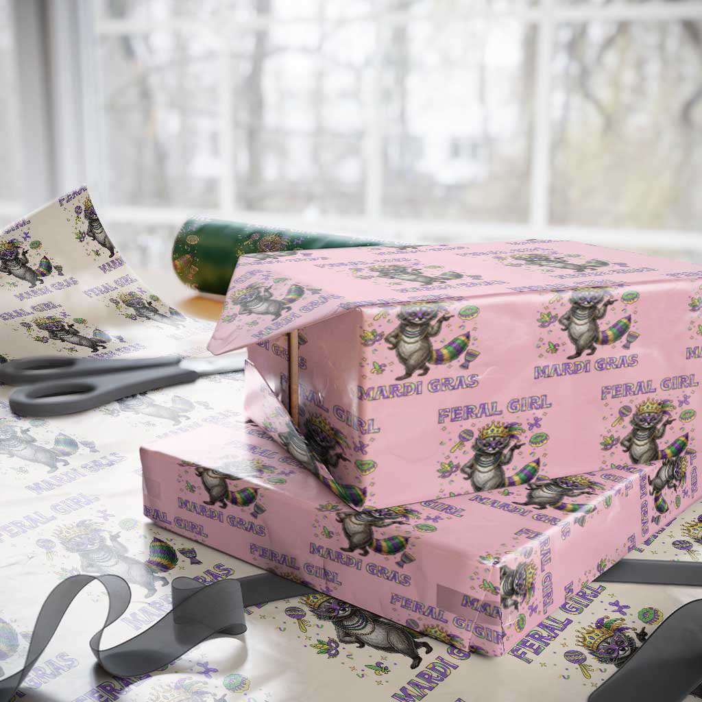 Mardi Gras Raccoon Wrapping Paper Roll Feral Girl Mardi Gras TS14 Light Pink Print Your Wear