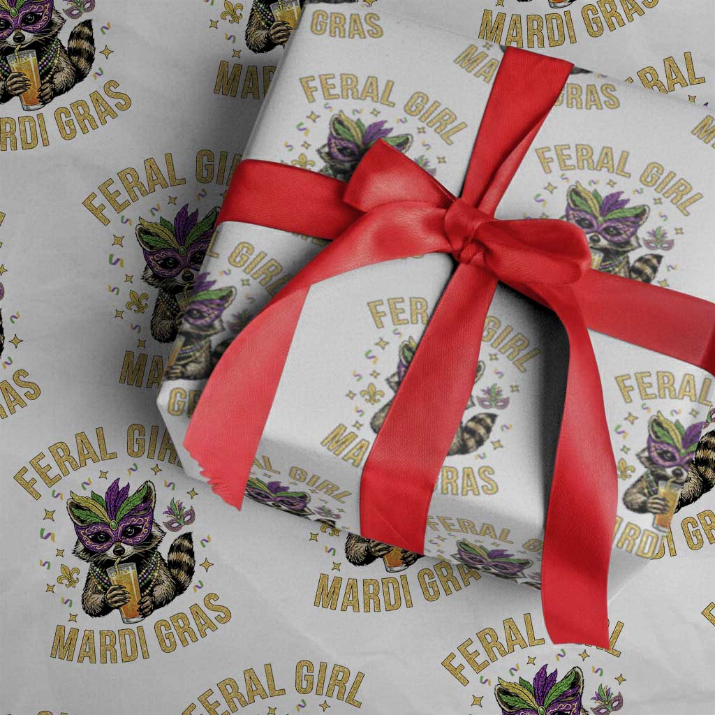 Mardi Gras Raccoon Wrapping Paper Roll Feral Girl Mardi Gras Trash Panda TS14 White Print Your Wear