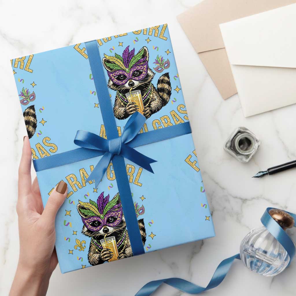 Mardi Gras Raccoon Wrapping Paper Roll Feral Girl Mardi Gras Trash Panda TS14 Light Blue Print Your Wear