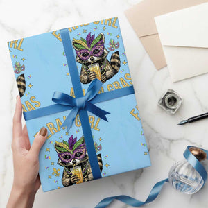 Mardi Gras Raccoon Wrapping Paper Roll Feral Girl Mardi Gras Trash Panda TS14 Light Blue Print Your Wear