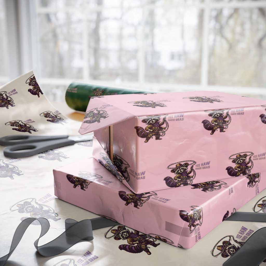Mardi Gras Raccoon Wrapping Paper Roll Yee Haw Cowboy Mardi Gras Carnival Trendy Meme TS14 Light Pink Print Your Wear