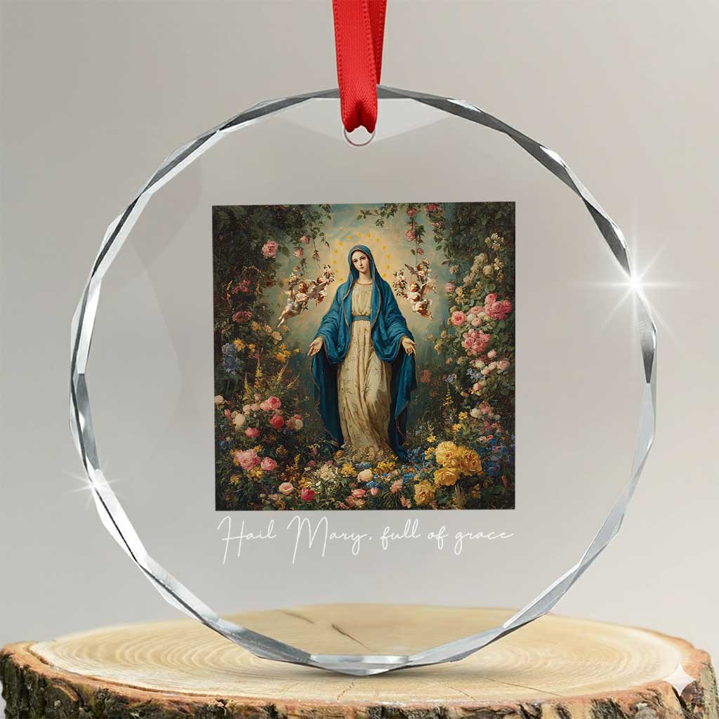 Marian Catholic Crystal Glass Ornament Hail Mary Full Of Grace Blessed Virgin Mary Floral TS10 Transparent Glass 3'' Circle Print Your Wear