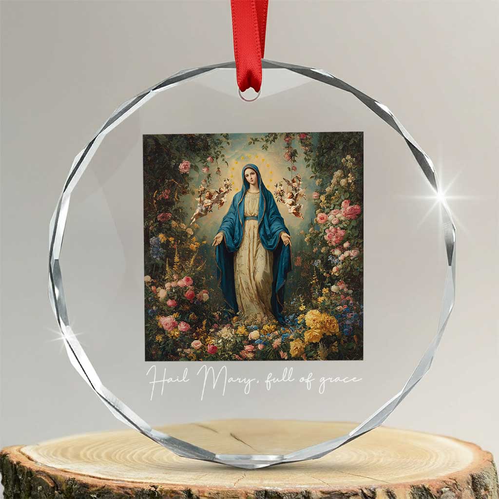 Marian Catholic Crystal Glass Ornament Hail Mary Full Of Grace Blessed Virgin Mary Floral TS10 Transparent Glass 3'' Circle Print Your Wear