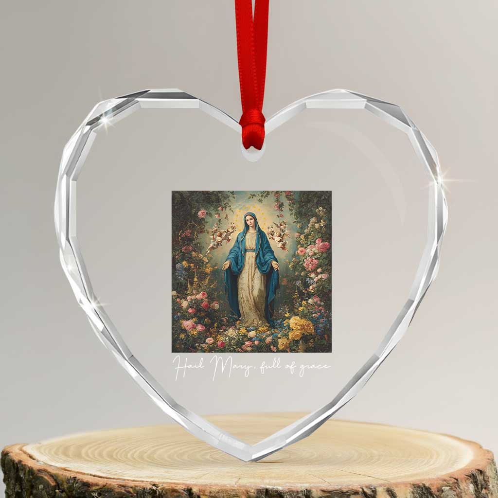 Marian Catholic Heart Crystal Glass Ornament Hail Mary Full Of Grace Blessed Virgin Mary Floral TS10 Transparent Glass 3'' Heart Print Your Wear