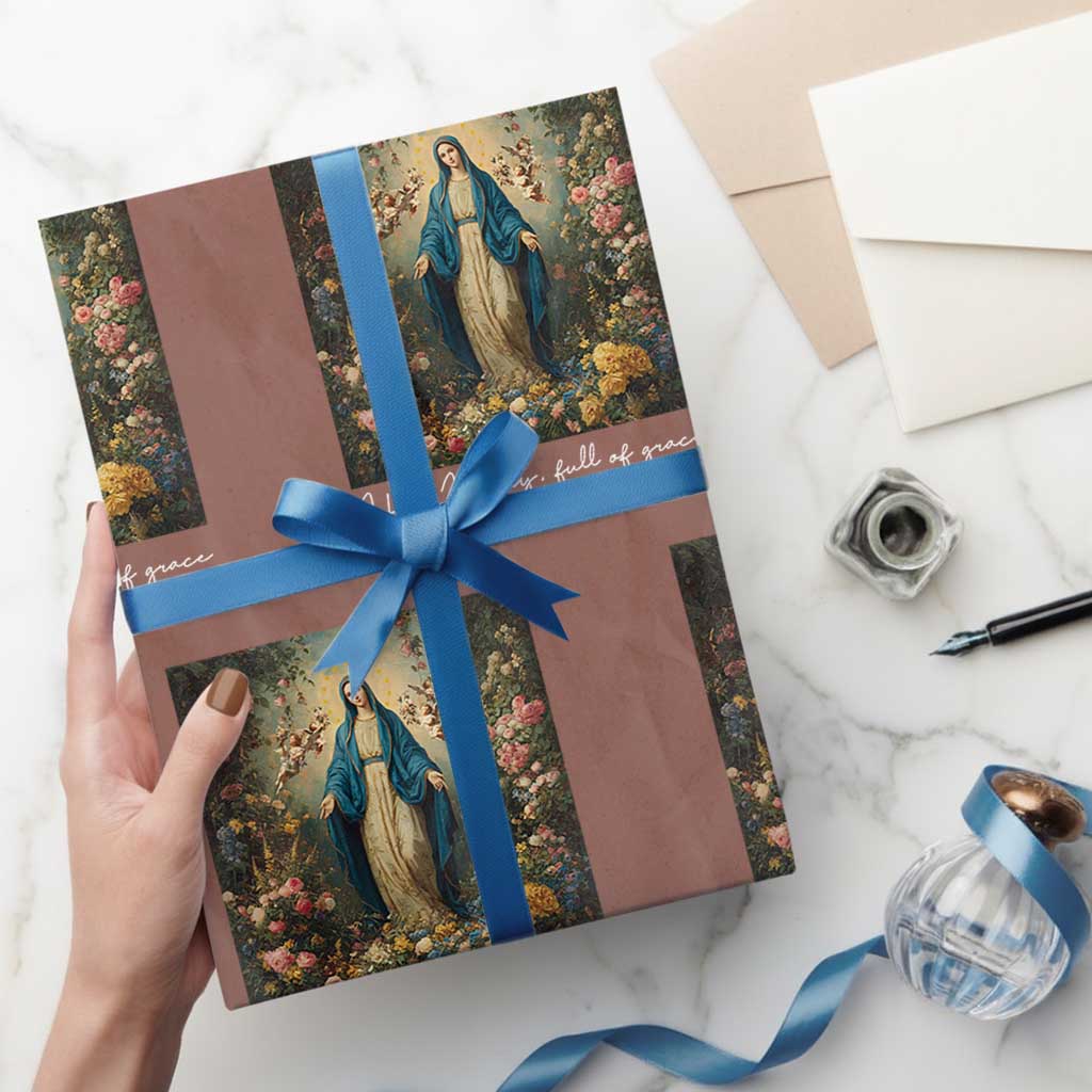 Marian Catholic Wrapping Paper Roll Hail Mary Full Of Grace Blessed Virgin Mary Floral TS10 Mocha Print Your Wear