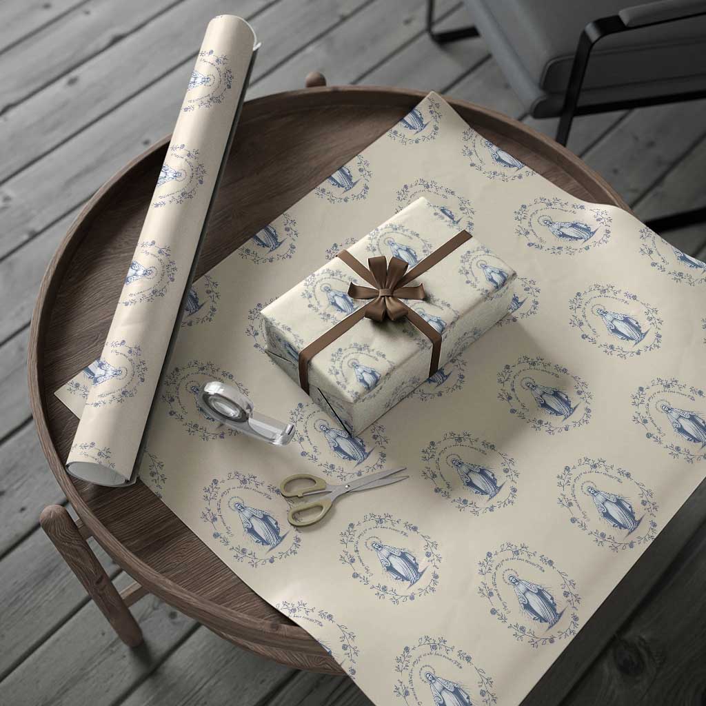 Marian Catholic Wrapping Paper Roll Virgin Mary Catholic Floral Women Religious TS10 Beige Print Your Wear
