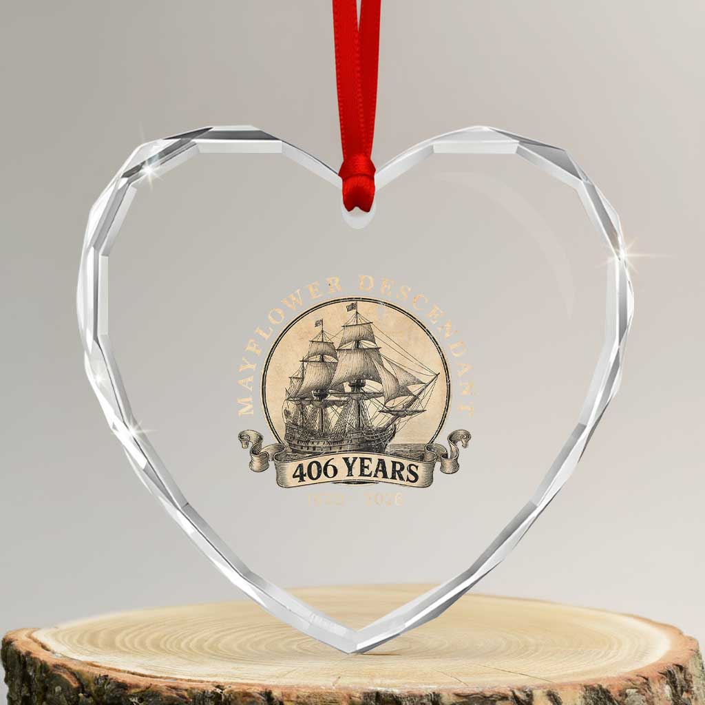Mayflower Descendant Heart Crystal Glass Ornament 406 Years Pilgrim Fathers Thanksgiving History