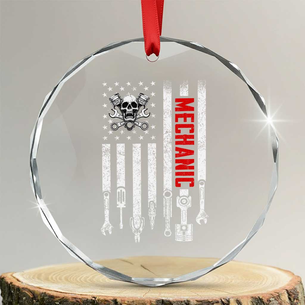 Mechanic American Flag Vintage Skull Auto Repair Handyman Crystal Glass Ornament