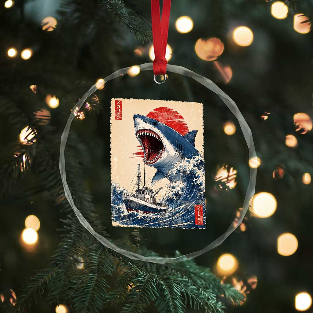 Megalodon Shark Japanese Vintage Graphic Ukiyo e Art Crystal Glass Ornament