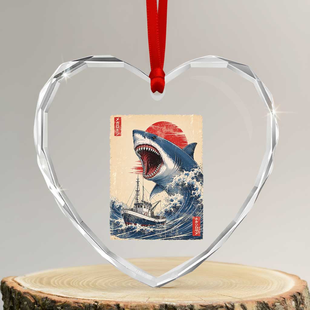 Megalodon Shark Japanese Vintage Graphic Ukiyo e Art Heart Crystal Glass Ornament TS11 Transparent Glass 3'' Heart Print Your Wear