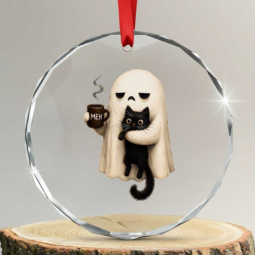 Meh Boojee Sleepy Ghost Holding Black Cat Drinking Coffee Crystal Glass Ornament Spooky Halloween Cute Autumn Morning Mood Graphic TS02 Transparent Glass 3'' Circle Print Your Wear