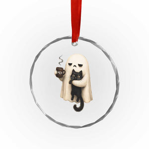 Meh Boojee Sleepy Ghost Holding Black Cat Drinking Coffee Crystal Glass Ornament Spooky Halloween Cute Autumn Morning Mood Graphic