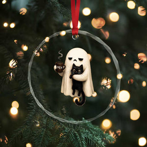 Meh Boojee Sleepy Ghost Holding Black Cat Drinking Coffee Crystal Glass Ornament Spooky Halloween Cute Autumn Morning Mood Graphic
