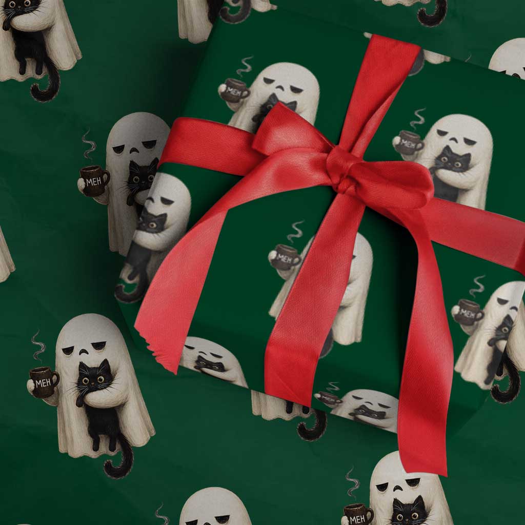 Meh Boojee Sleepy Ghost Holding Black Cat Drinking Coffee Wrapping Paper Roll Spooky Halloween Cute Autumn Morning Mood Graphic TS02 Green Print Your Wear