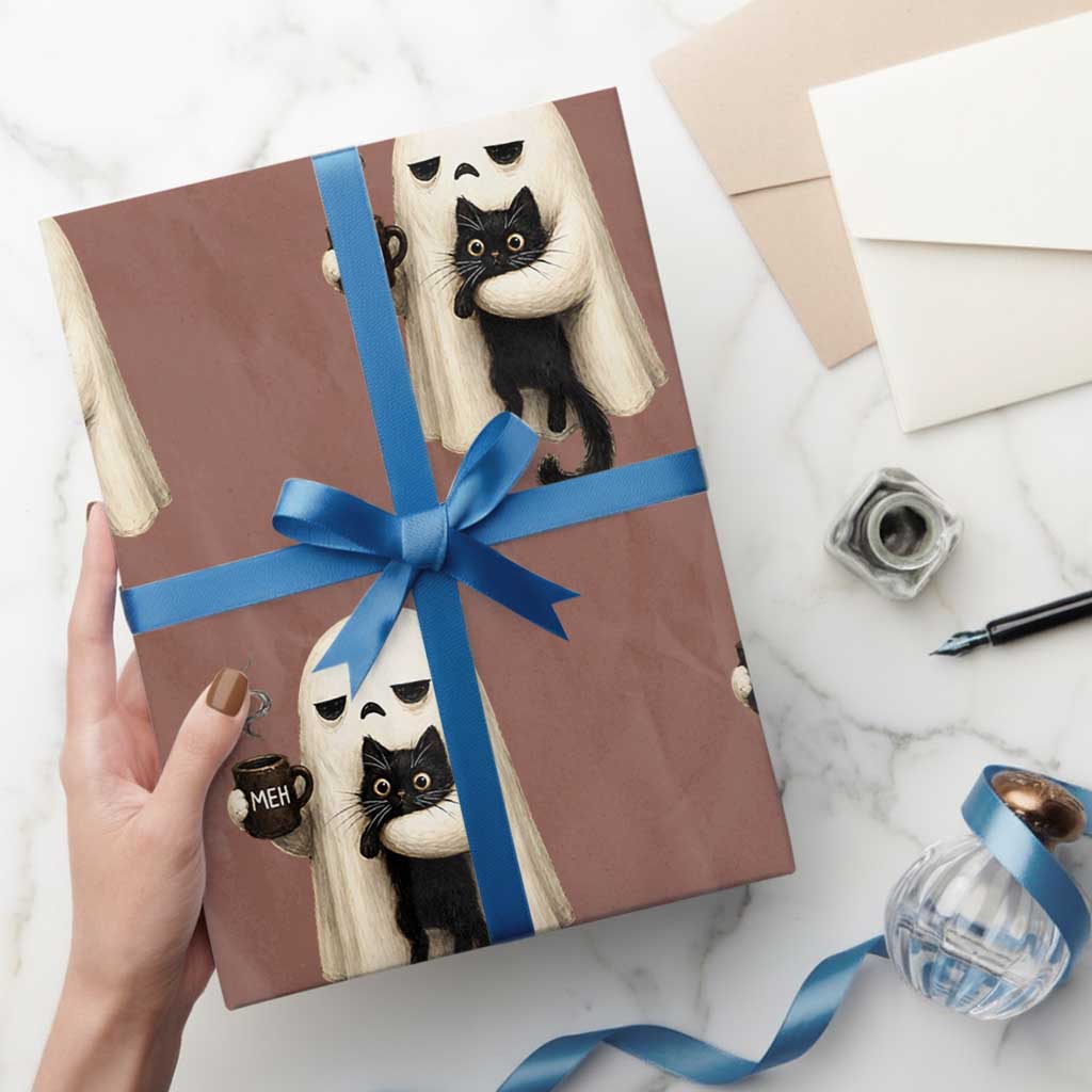 Meh Boojee Sleepy Ghost Holding Black Cat Drinking Coffee Wrapping Paper Roll Spooky Halloween Cute Autumn Morning Mood Graphic