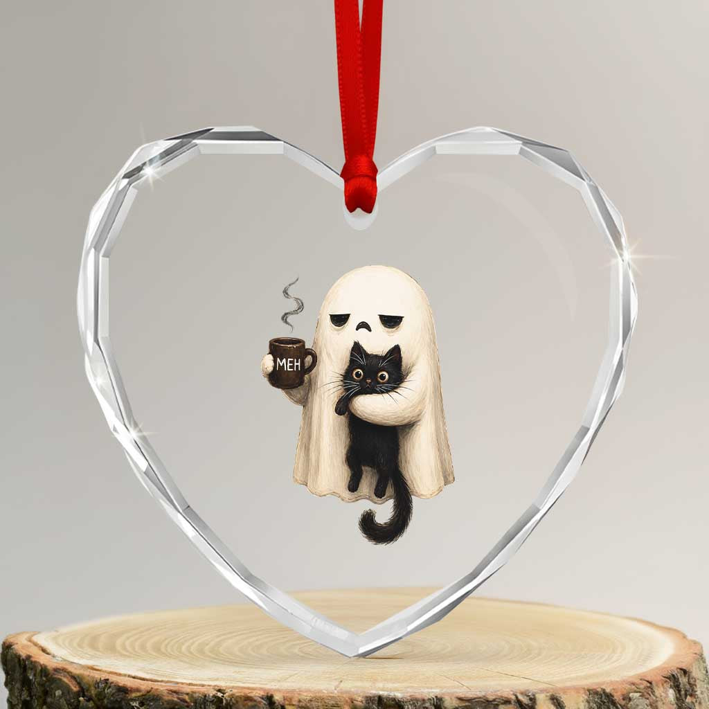 Meh Boojee Sleepy Ghost Holding Black Cat Drinking Coffee Heart Crystal Glass Ornament Spooky Halloween Cute Autumn Morning Mood Graphic TS02 Transparent Glass 3'' Heart Print Your Wear