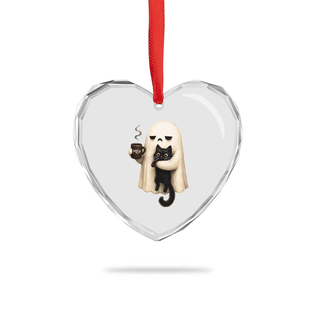 Meh Boojee Sleepy Ghost Holding Black Cat Drinking Coffee Heart Crystal Glass Ornament Spooky Halloween Cute Autumn Morning Mood Graphic