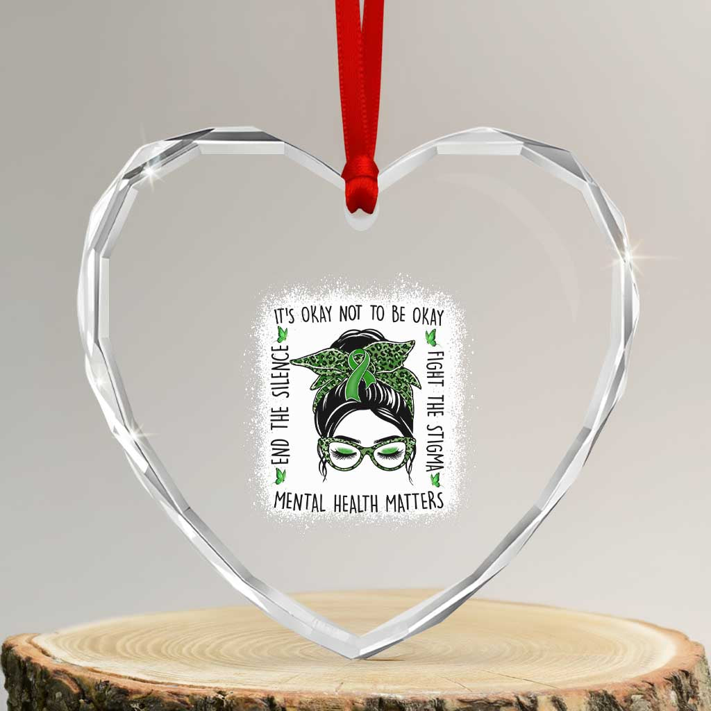 Mental Health Matters Heart Crystal Glass Ornament Messy Bun Green Ribbon Support TS14 Transparent Glass 3'' Heart Print Your Wear
