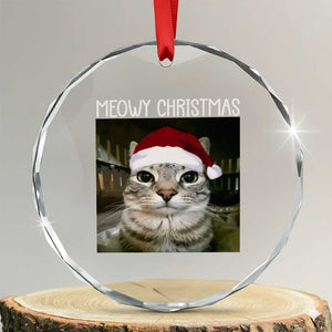 Meowy Christmas Crystal Glass Ornament Xmas Silly Staring Cat Meme Santa Hat TS10 Transparent Glass 3'' Circle Print Your Wear