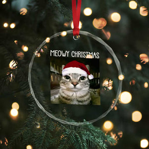 Meowy Christmas Crystal Glass Ornament Xmas Silly Staring Cat Meme Santa Hat TS10 Print Your Wear