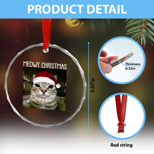 Meowy Christmas Crystal Glass Ornament Xmas Silly Staring Cat Meme Santa Hat TS10 Print Your Wear