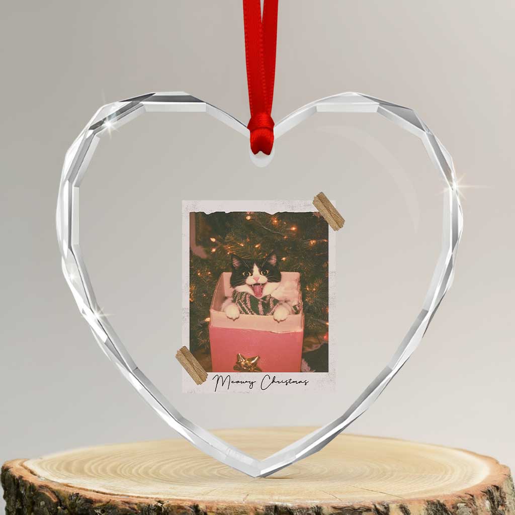 Meowy Christmas Heart Crystal Glass Ornament Cute Cat Lovers Xmas Retro Vintage Photo TS10 Transparent Glass 3'' Heart Print Your Wear