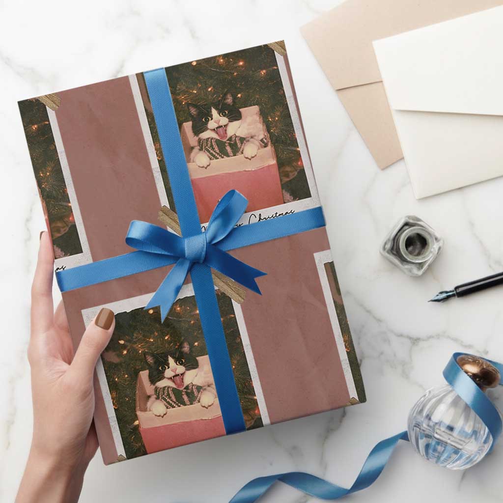 Meowy Christmas Wrapping Paper Roll Cute Cat Lovers Xmas Retro Vintage Photo TS10 Mocha Print Your Wear
