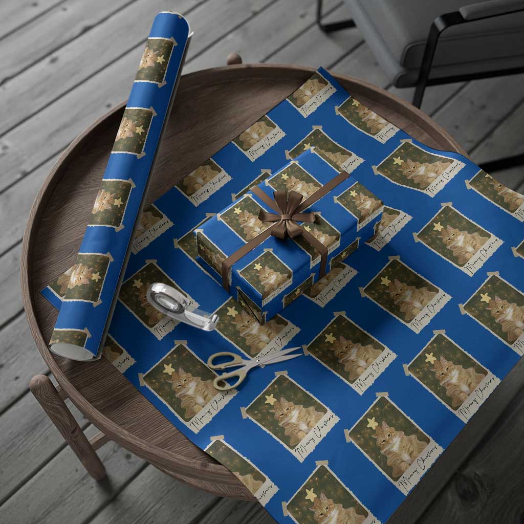 Meowy Christmas Wrapping Paper Roll Funny Cat Xmas Tree Retro Vintage Photo TS10 Blue Print Your Wear