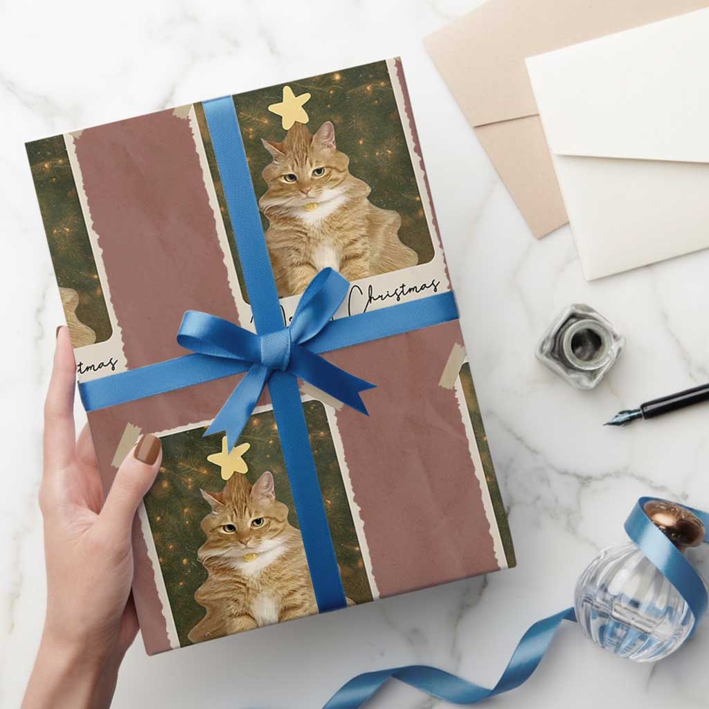 Meowy Christmas Wrapping Paper Roll Funny Cat Xmas Tree Retro Vintage Photo TS10 Mocha Print Your Wear