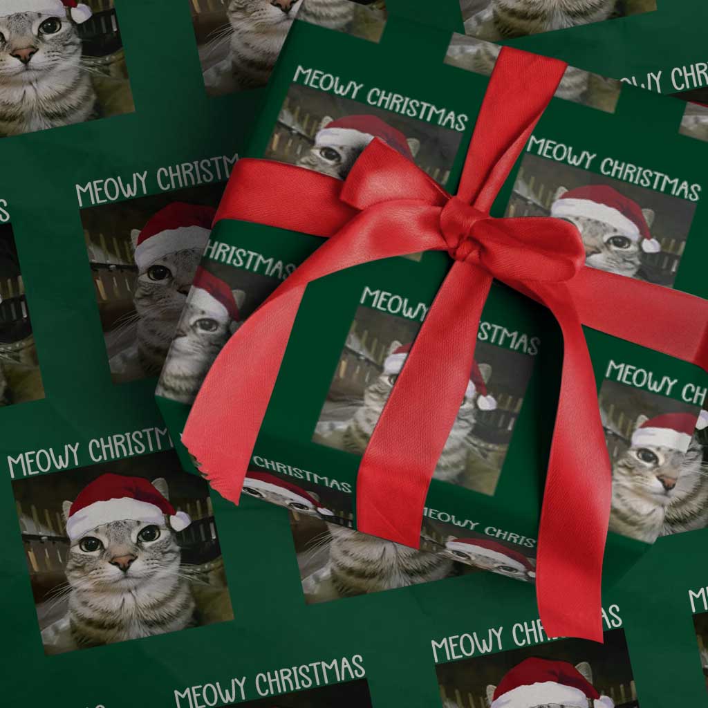 Meowy Christmas Wrapping Paper Roll Xmas Silly Staring Cat Meme Santa Hat TS10 Green Print Your Wear