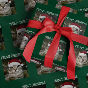 Meowy Christmas Wrapping Paper Roll Xmas Silly Staring Cat Meme Santa Hat TS10 Green Print Your Wear