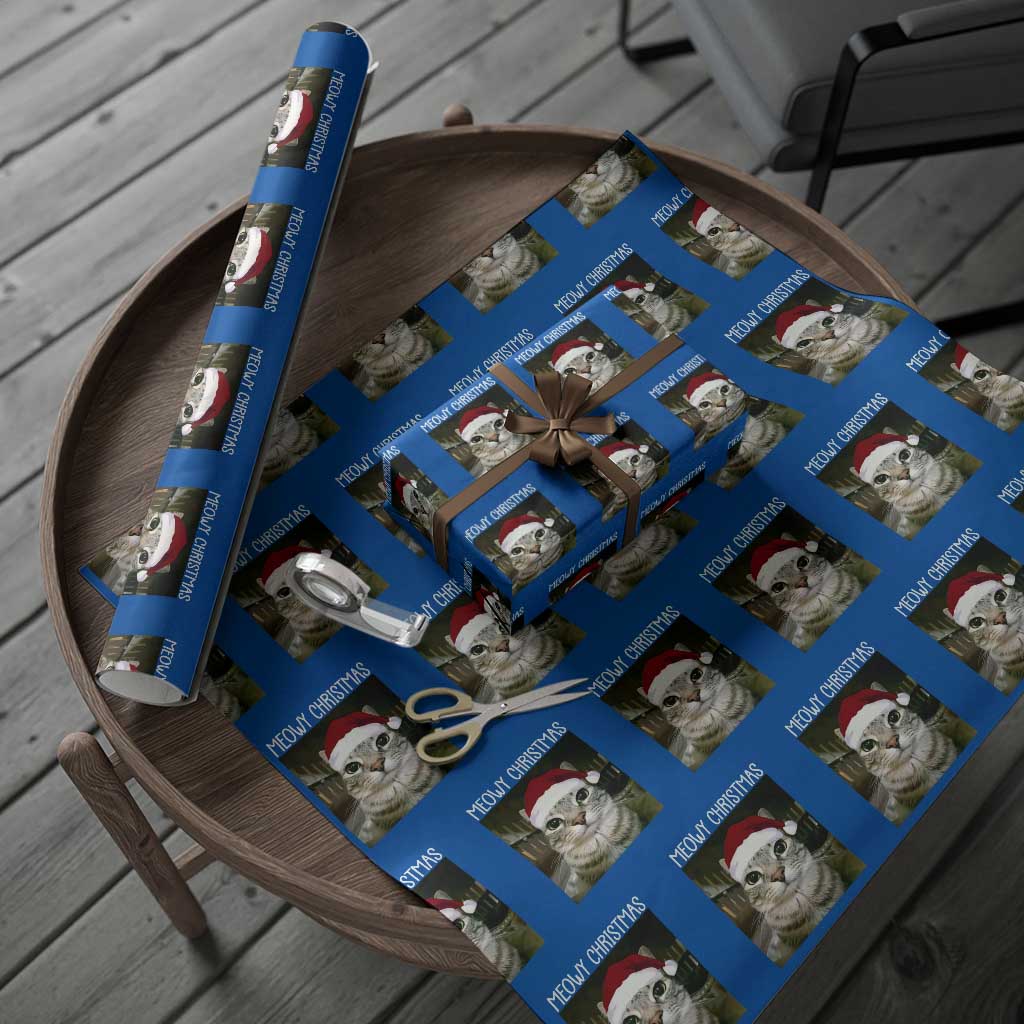 Meowy Christmas Wrapping Paper Roll Xmas Silly Staring Cat Meme Santa Hat TS10 Blue Print Your Wear