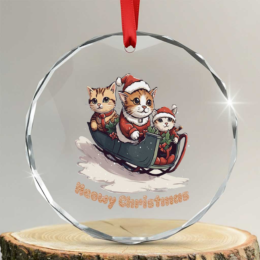 Meowy Xmas Cute Cat Sleigh Crystal Glass Ornament TS09 Transparent Glass 3'' Circle Print Your Wear