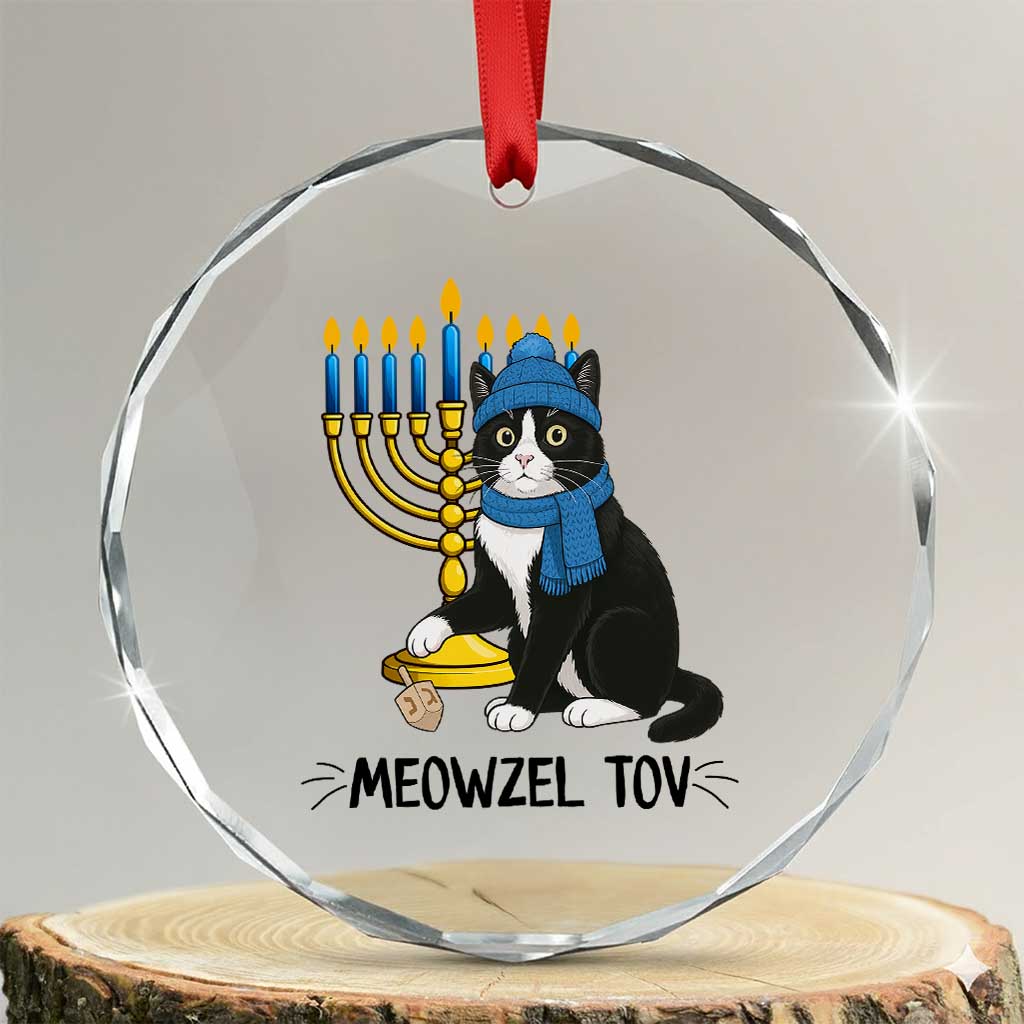 Meowzel Tov Crystal Glass Ornament Black Cat Playing Dreidel Menorah Hanukkah Gift TS12 Transparent Glass 3'' Circle Print Your Wear