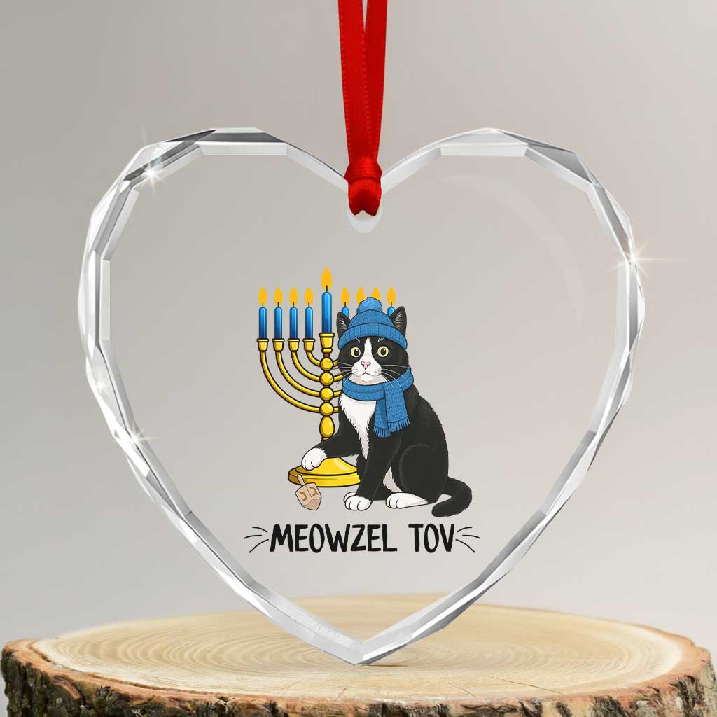 Meowzel Tov Heart Crystal Glass Ornament Black Cat Playing Dreidel Menorah Hanukkah Gift TS12 Transparent Glass 3'' Heart Print Your Wear