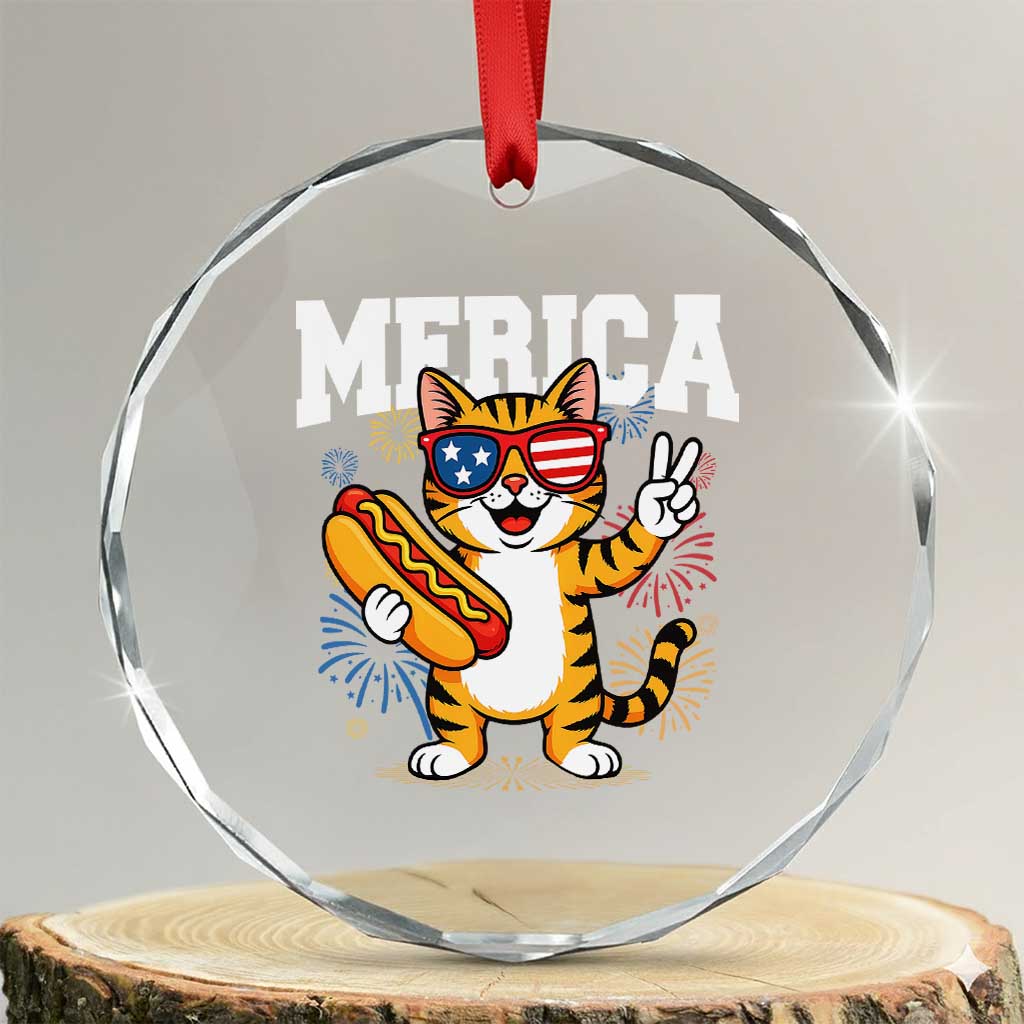 Merica Cat Crystal Glass Ornament Funny 4th of July Hot Dog and Fireworks Patriotic USA Flag TS02 Transparent Glass 3'' Circle Print Your Wear
