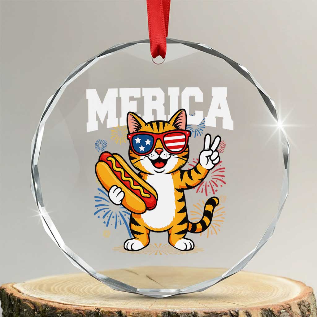Merica Cat Crystal Glass Ornament Funny 4th of July Hot Dog and Fireworks Patriotic USA Flag TS02 Transparent Glass 3'' Circle Print Your Wear
