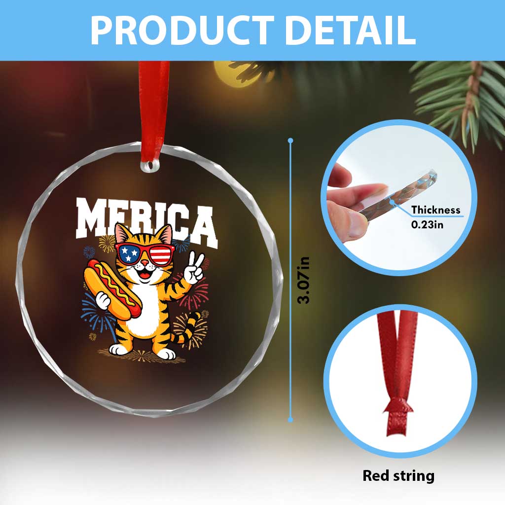 Merica Cat Crystal Glass Ornament Funny 4th of July Hot Dog and Fireworks Patriotic USA Flag TS02 Print Your Wear