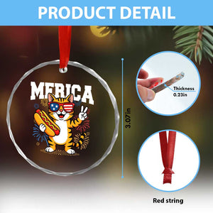 Merica Cat Crystal Glass Ornament Funny 4th of July Hot Dog and Fireworks Patriotic USA Flag TS02 Print Your Wear
