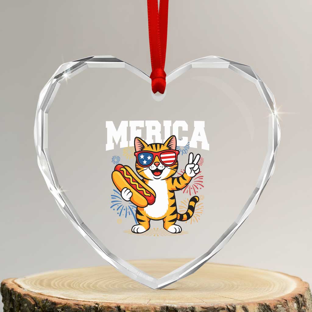 Merica Cat Heart Crystal Glass Ornament Funny 4th of July Hot Dog and Fireworks Patriotic USA Flag TS02 Transparent Glass 3'' Heart Print Your Wear