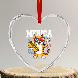 Merica Cat Heart Crystal Glass Ornament Funny 4th of July Hot Dog and Fireworks Patriotic USA Flag TS02 Transparent Glass 3'' Heart Print Your Wear