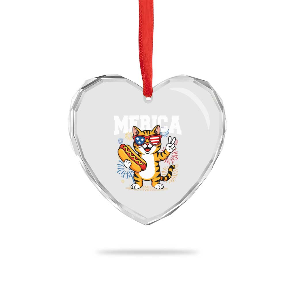 Merica Cat Heart Crystal Glass Ornament Funny 4th of July Hot Dog and Fireworks Patriotic USA Flag TS02 Print Your Wear