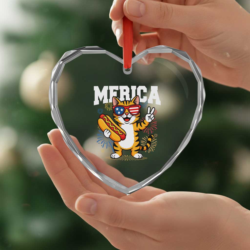 Merica Cat Heart Crystal Glass Ornament Funny 4th of July Hot Dog and Fireworks Patriotic USA Flag TS02 Print Your Wear